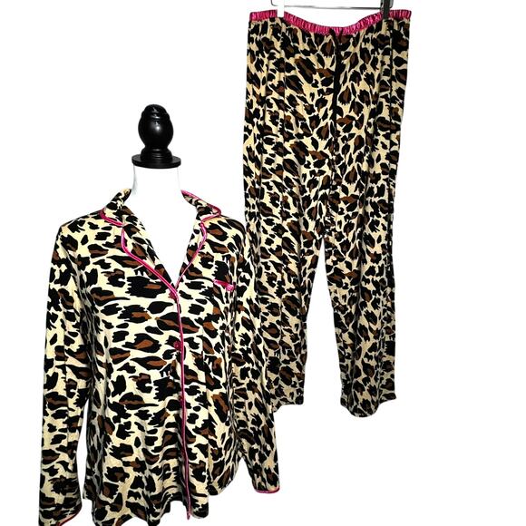 BETSEY JOHNSON BETSYVILLE Women's XL Leopard‎ Print Pink Trim 2 Piece Pajama Set - Picture 1 of 12